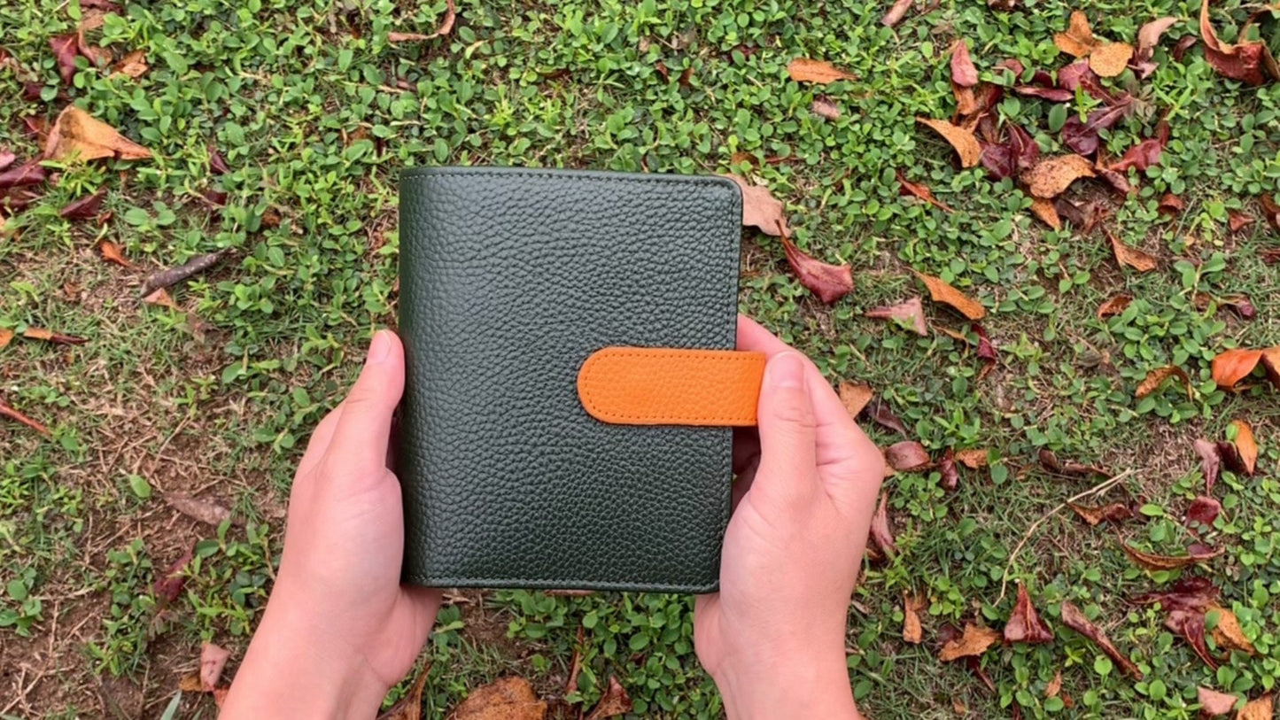 Leather Journal Planner Cover | Pocket/A7 |  Forest green&Mango yellow