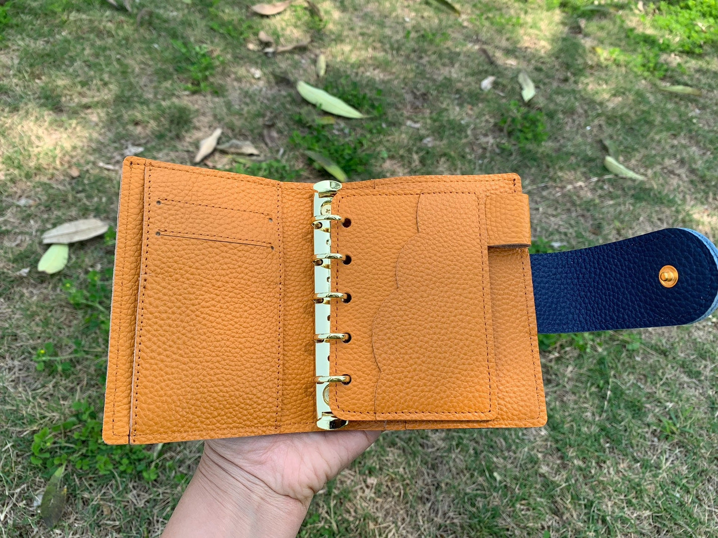 Leather Journal Planner Cover | Mini/A8 | Navy blue&Mango yellow