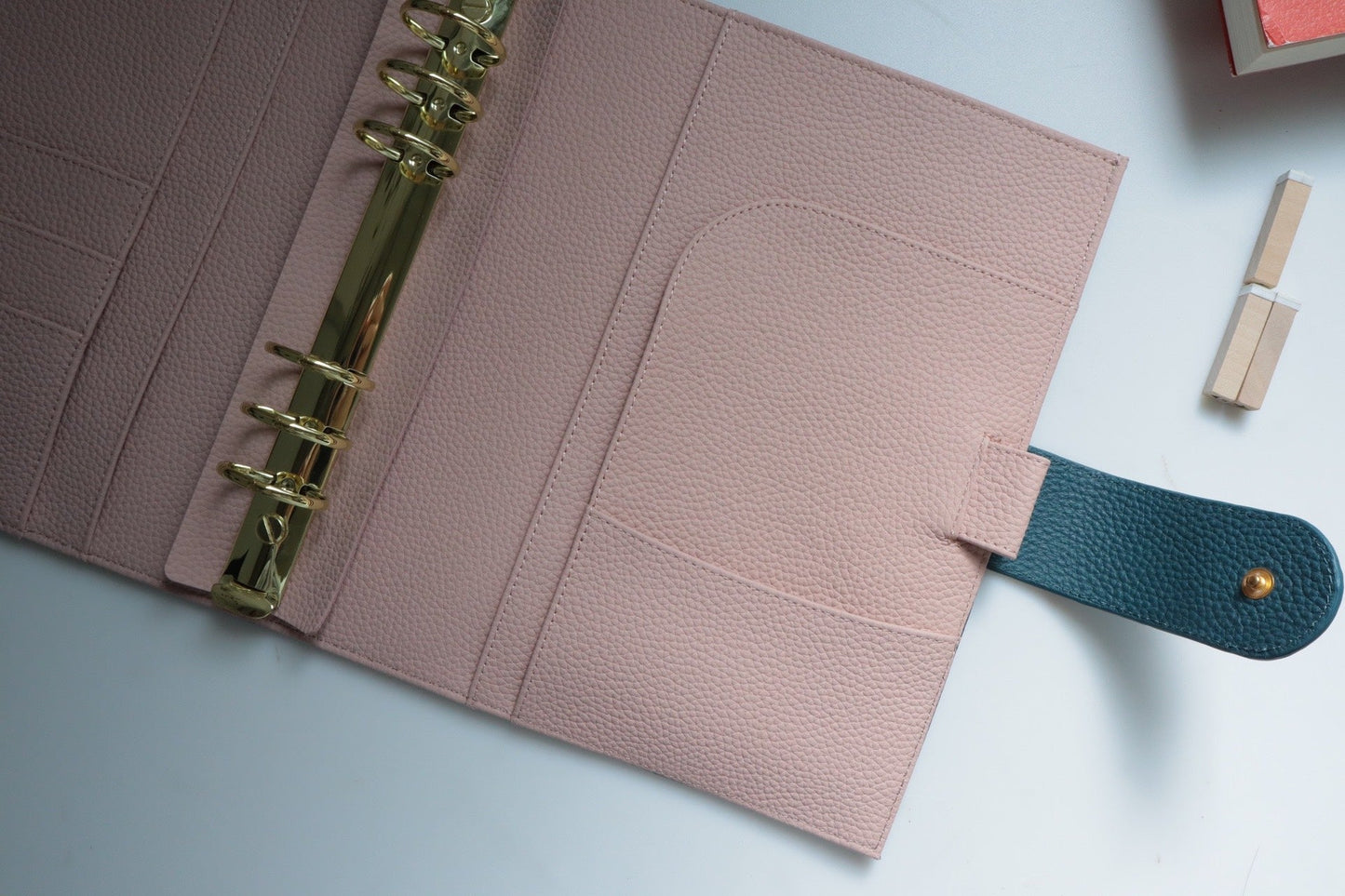 Leather Journal Planner Cover | Half Letter/A5 | Peacock blue&Pink