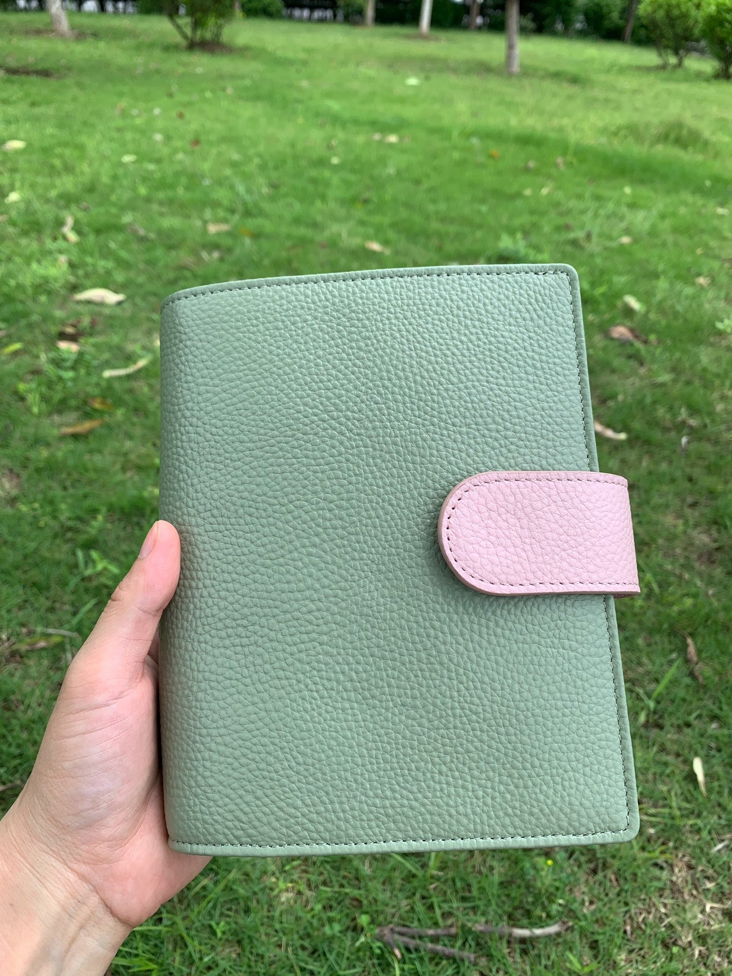 Leather Journal Planner Cover | Personal/A6 | Light green&Cherry blossom pink